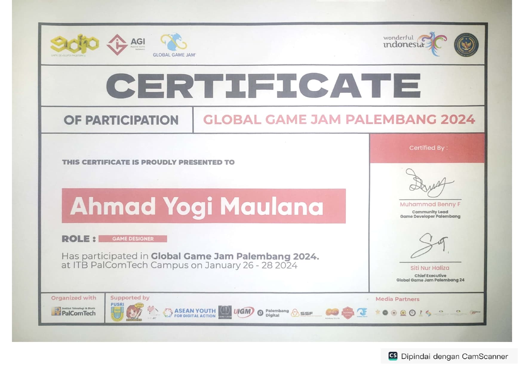 Global Game Jam Palembang — Sertifikat Kepesertaan (2024)