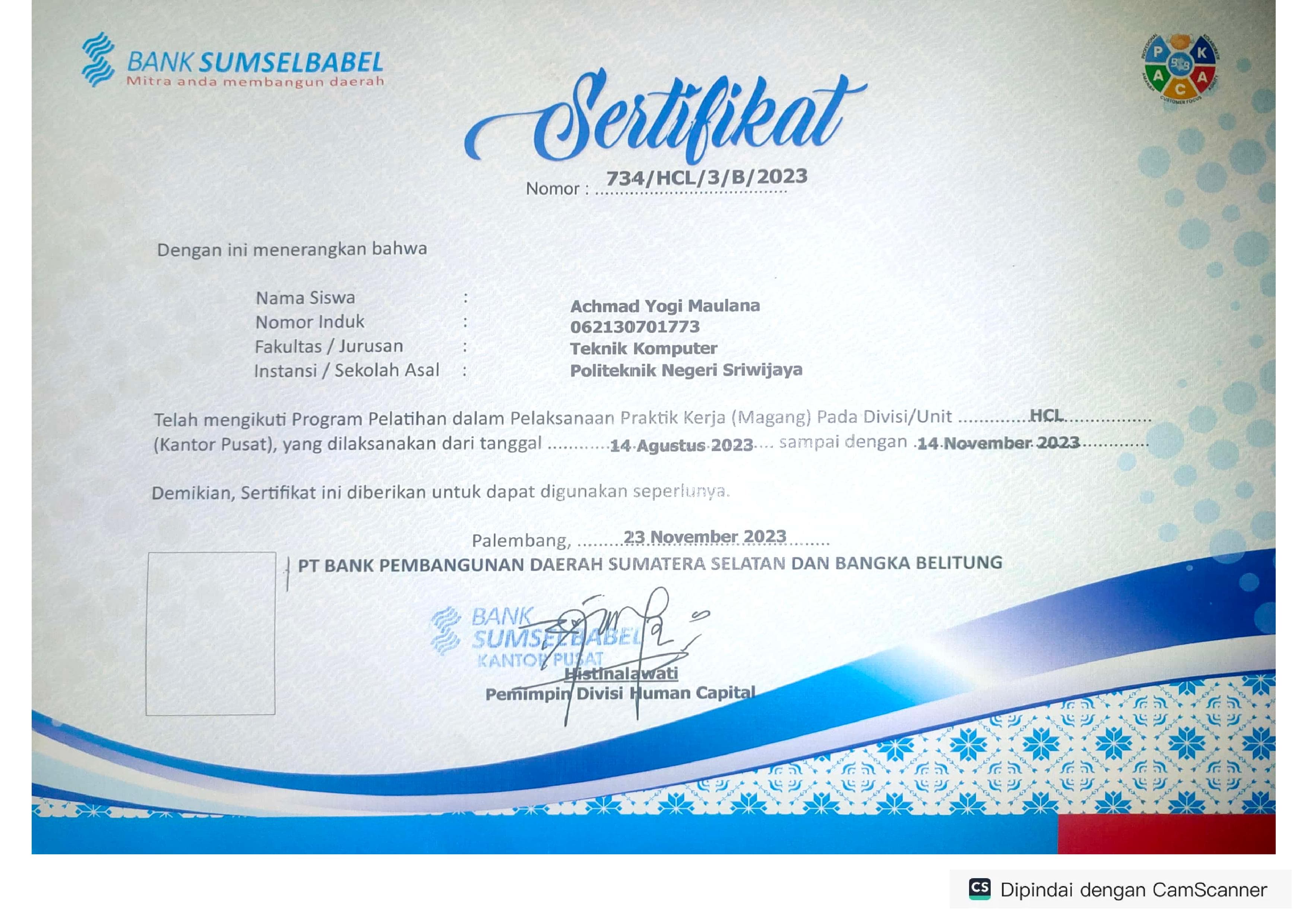 Sertifikat Magang Kuliah Human Capital - Bank Sumsel Babel